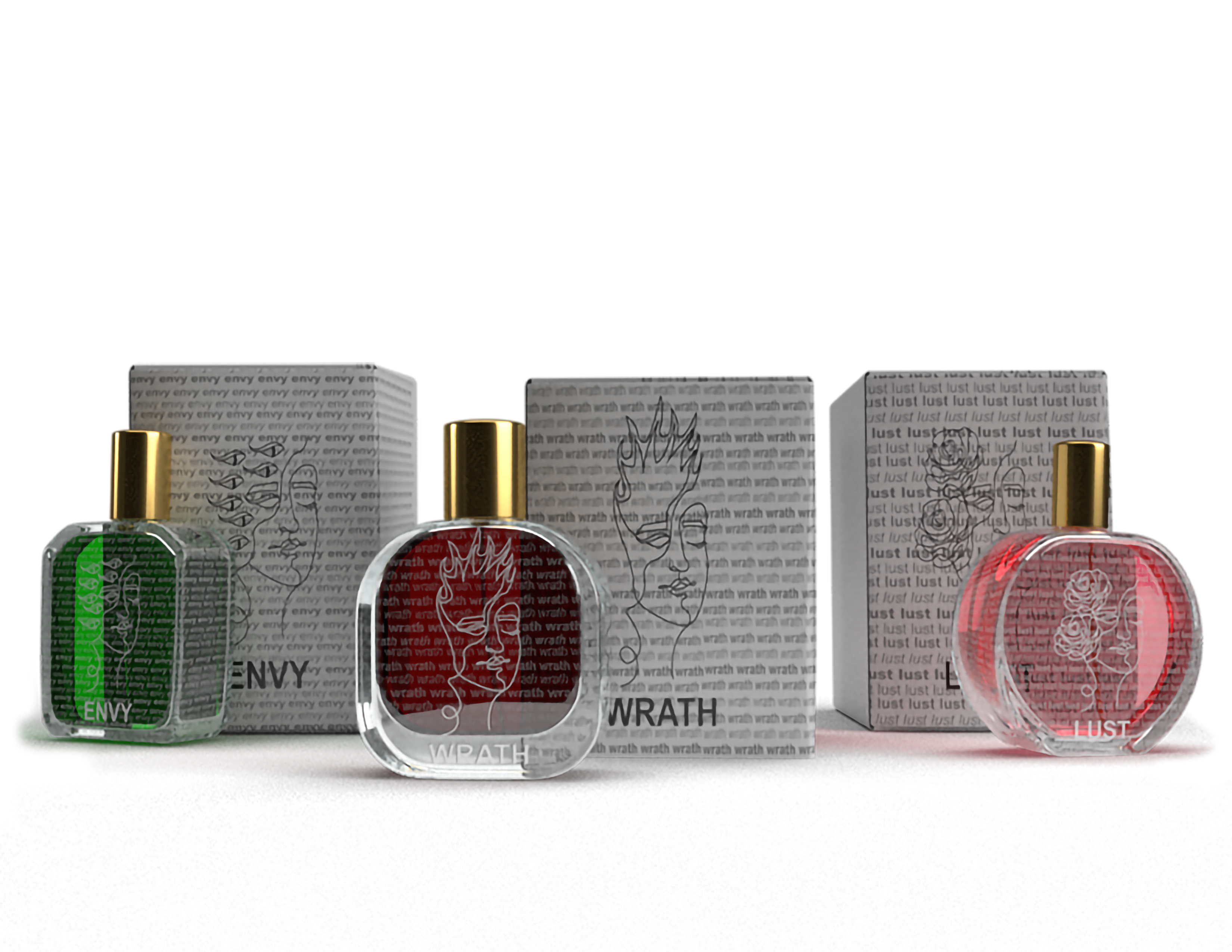 perfume concept of the seven deadly sins: wrath, envy, and lust