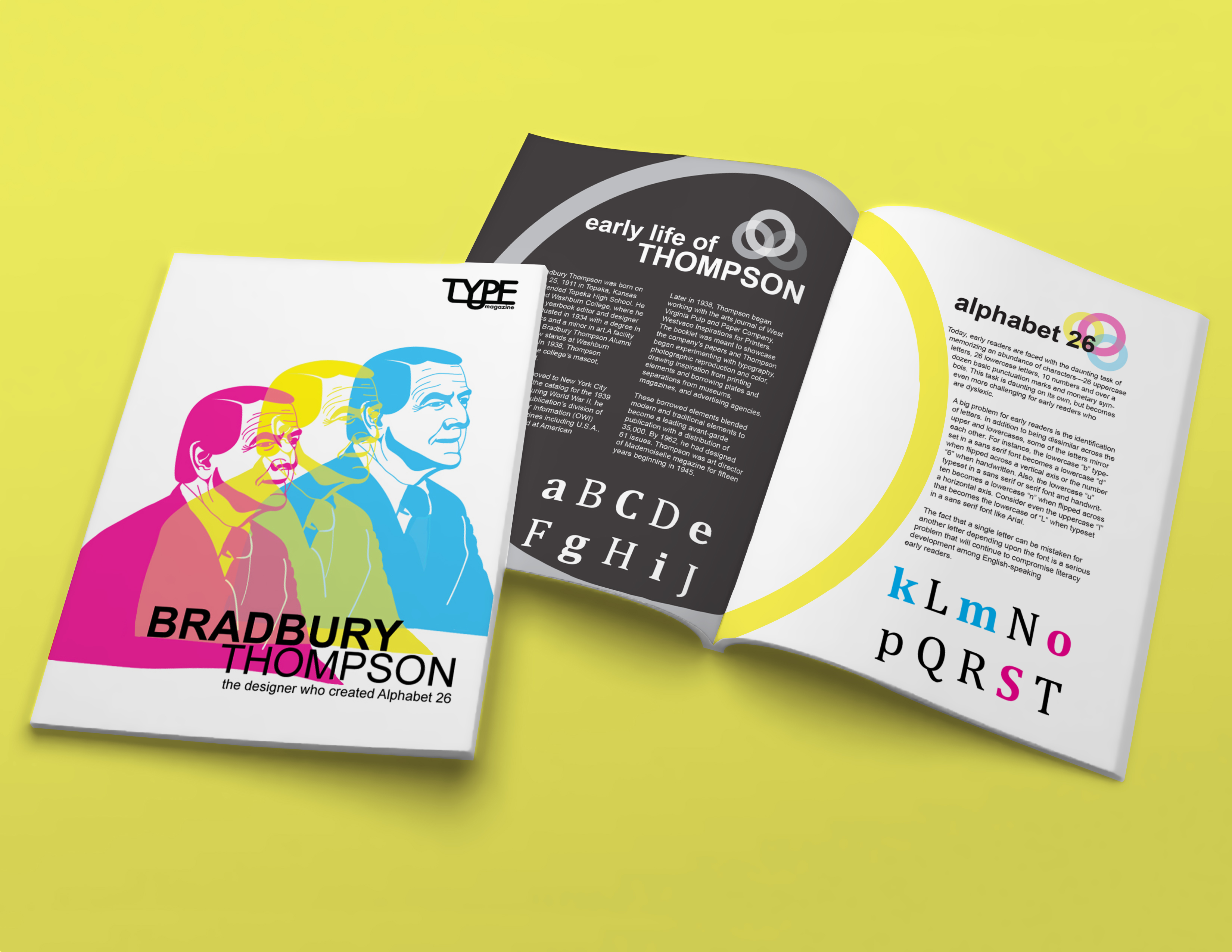 a magazine cover and spread for 'Type Magazine' of American Graphic Designer 'Bradbury Thompson'